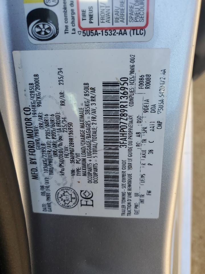 2009 Ford Fusion Se VIN: 3FAHP07Z89R136950 Lot: 92626535