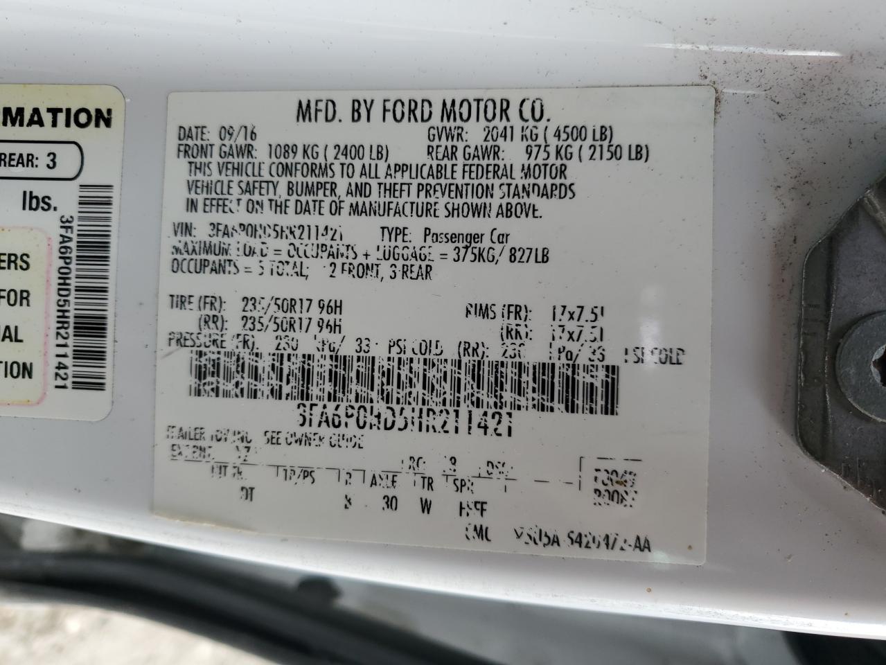 2017 Ford Fusion Se VIN: 3FA6P0HD5HR211421 Lot: 90882045