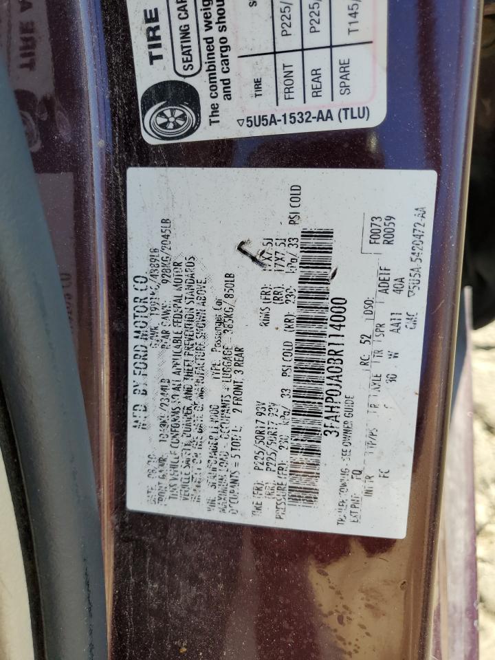 2011 Ford Fusion Sel VIN: 3FAHP0JA0BR114000 Lot: 91677045