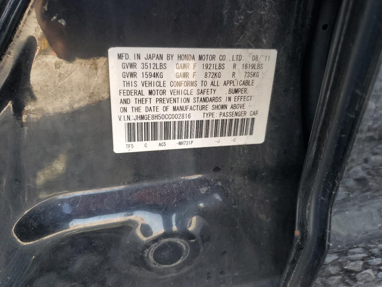 2012 Honda Fit Sport VIN: JHMGE8H50CC002816 Lot: 93494175