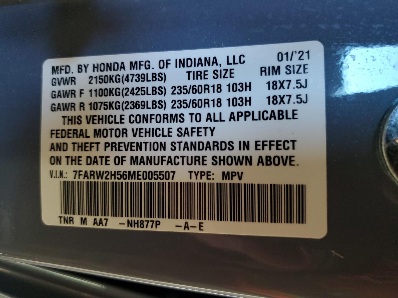 2021 Honda Cr-V Ex VIN: 7FARW2H56ME005507 Lot: 91217485