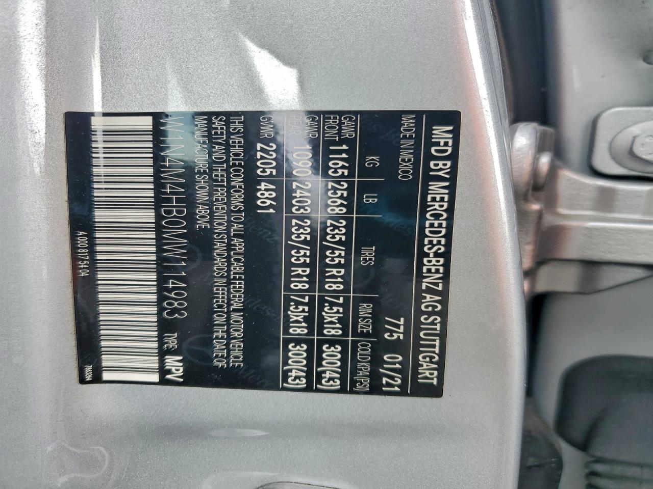 2021 Mercedes-Benz Glb 250 4Matic VIN: W1N4M4HB0MW114983 Lot: 94758435