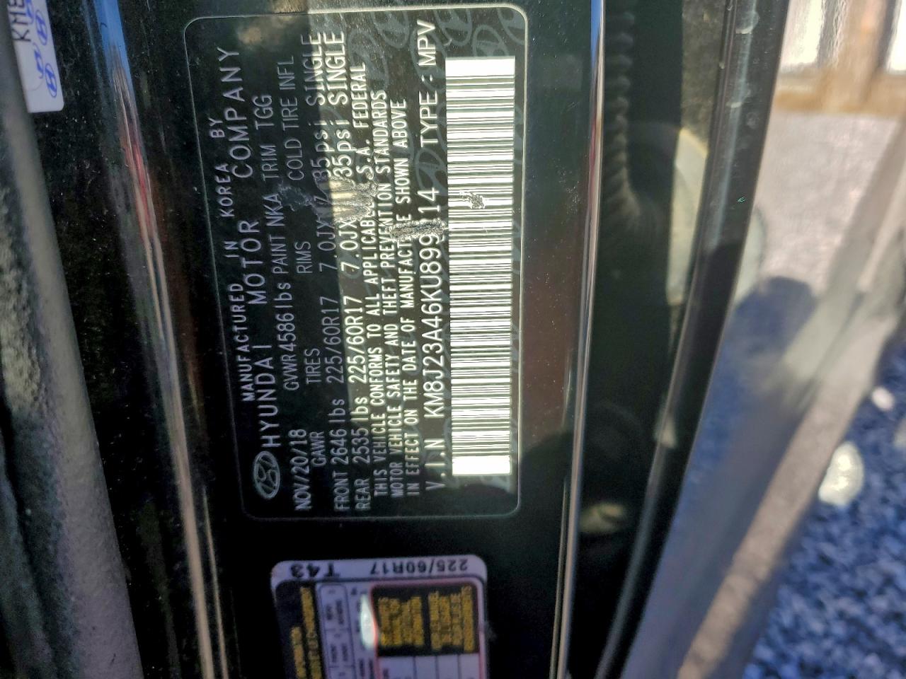 2019 Hyundai Tucson Se VIN: KM8J23A46KU899214 Lot: 94795845