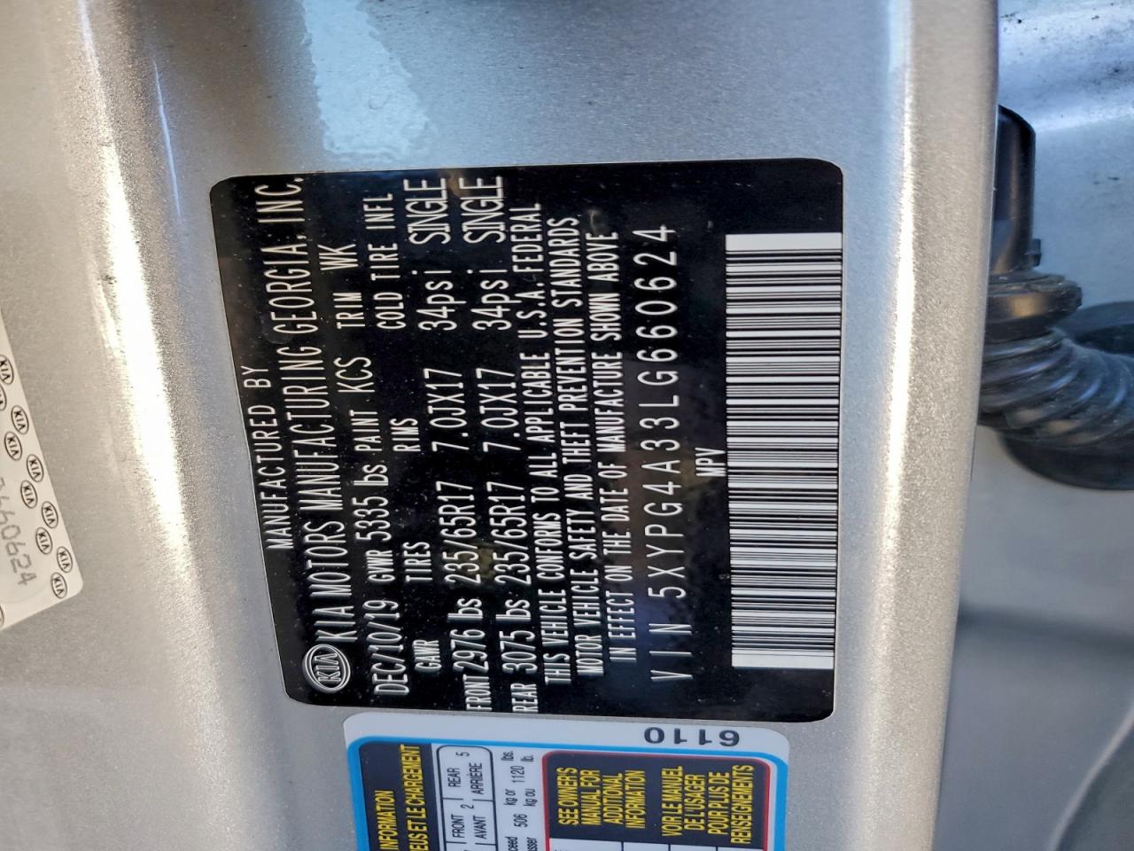 2020 Kia Sorento L VIN: 5XYPG4A33LG660624 Lot: 94085695