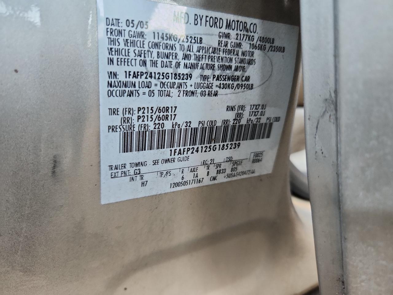 2005 Ford Five Hundred Sel VIN: 1FAFP24125G185239 Lot: 92721665