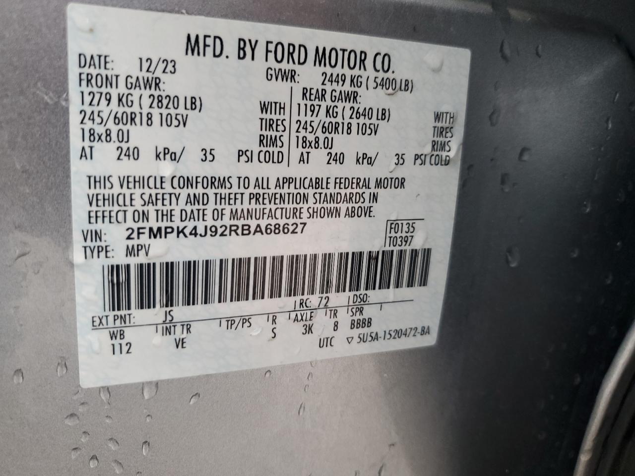 2024 Ford Edge Sel VIN: 2FMPK4J92RBA68627 Lot: 93890065