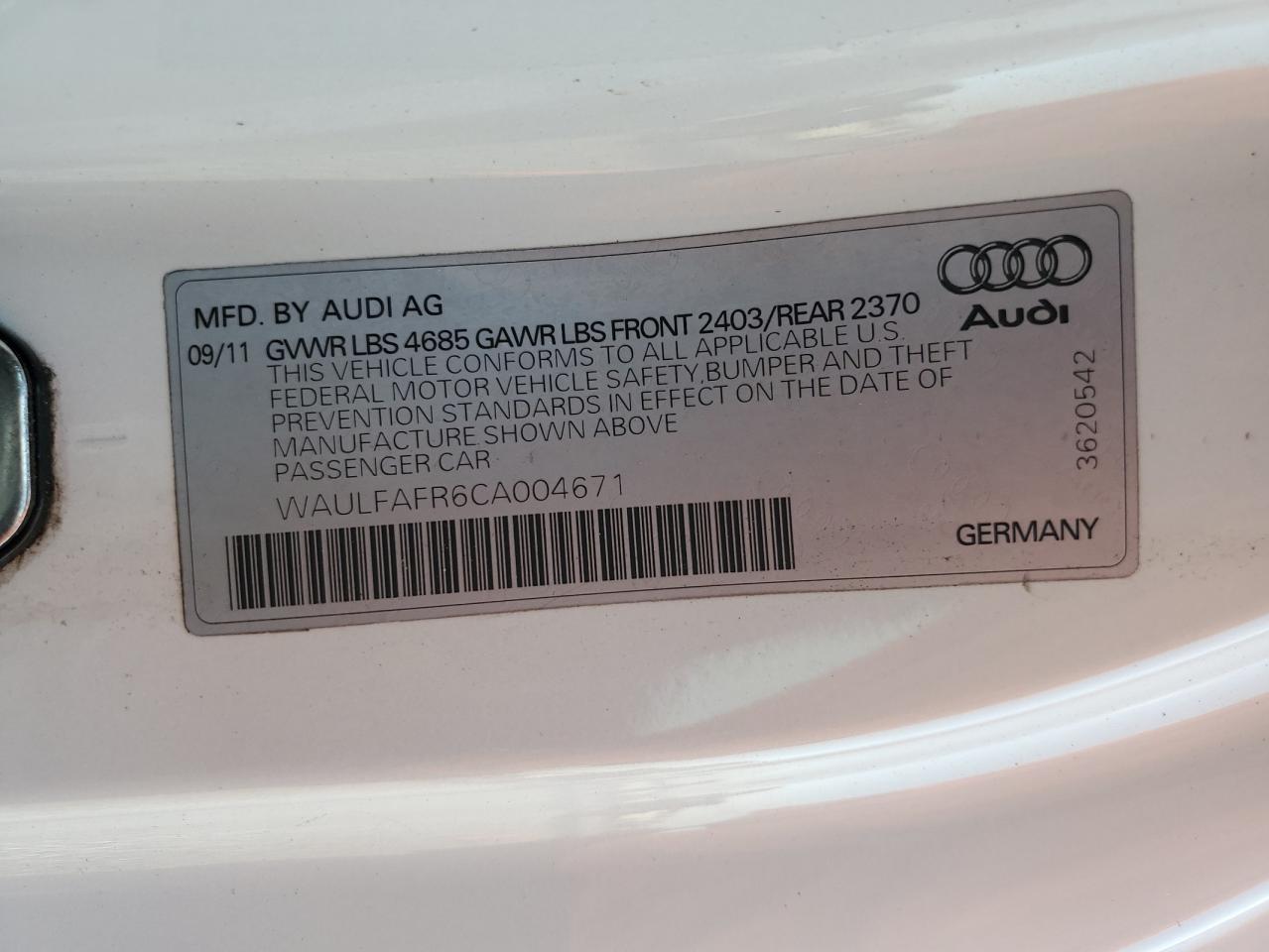 2012 Audi A5 Premium Plus VIN: WAULFAFR6CA004671 Lot: 93226325