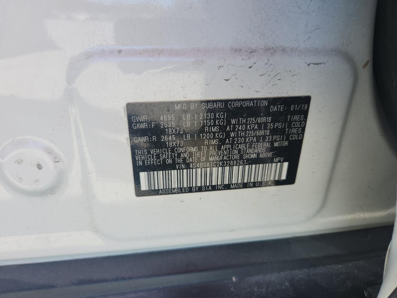 2019 Subaru Outback Touring VIN: 4S4BSATC2K3288261 Lot: 91364625