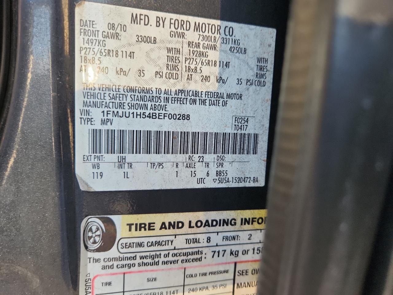 2011 Ford Expedition Xlt VIN: 1FMJU1H54BEF00288 Lot: 93032435