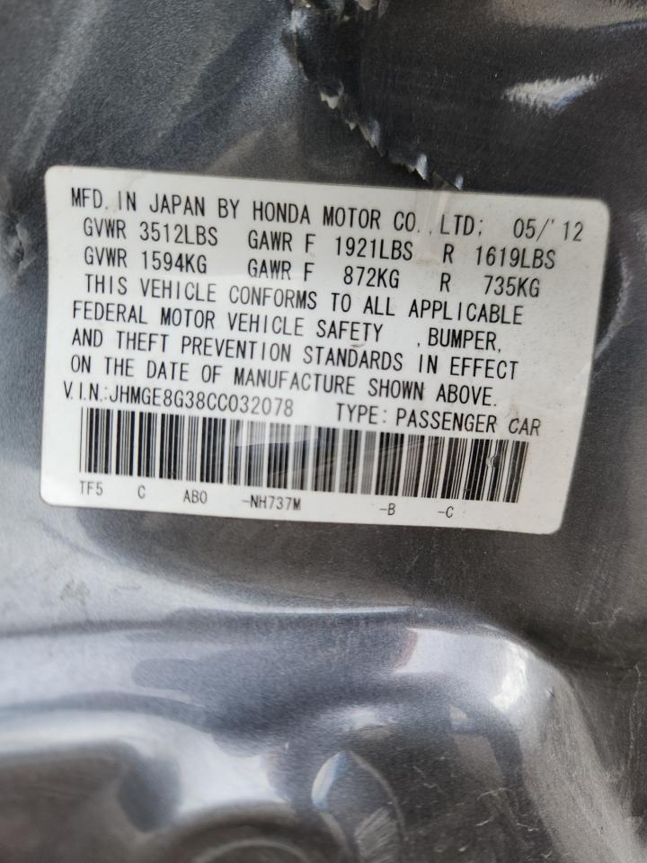 2012 Honda Fit VIN: JHMGE8G38CC032078 Lot: 92945505