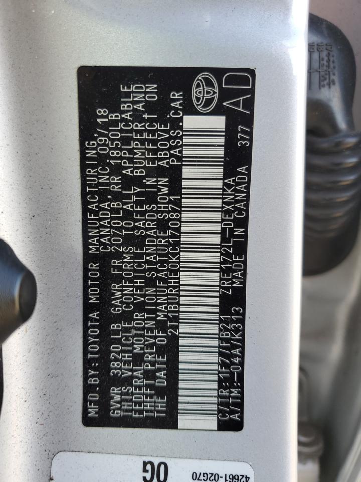 2019 Toyota Corolla L VIN: 2T1BURHE0KC170871 Lot: 91941135