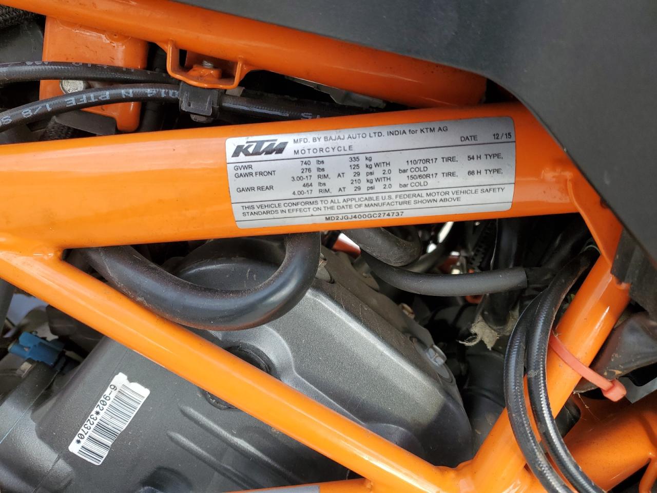 2016 Ktm Rc 390 VIN: MD2JGJ400GC274737 Lot: 92012815