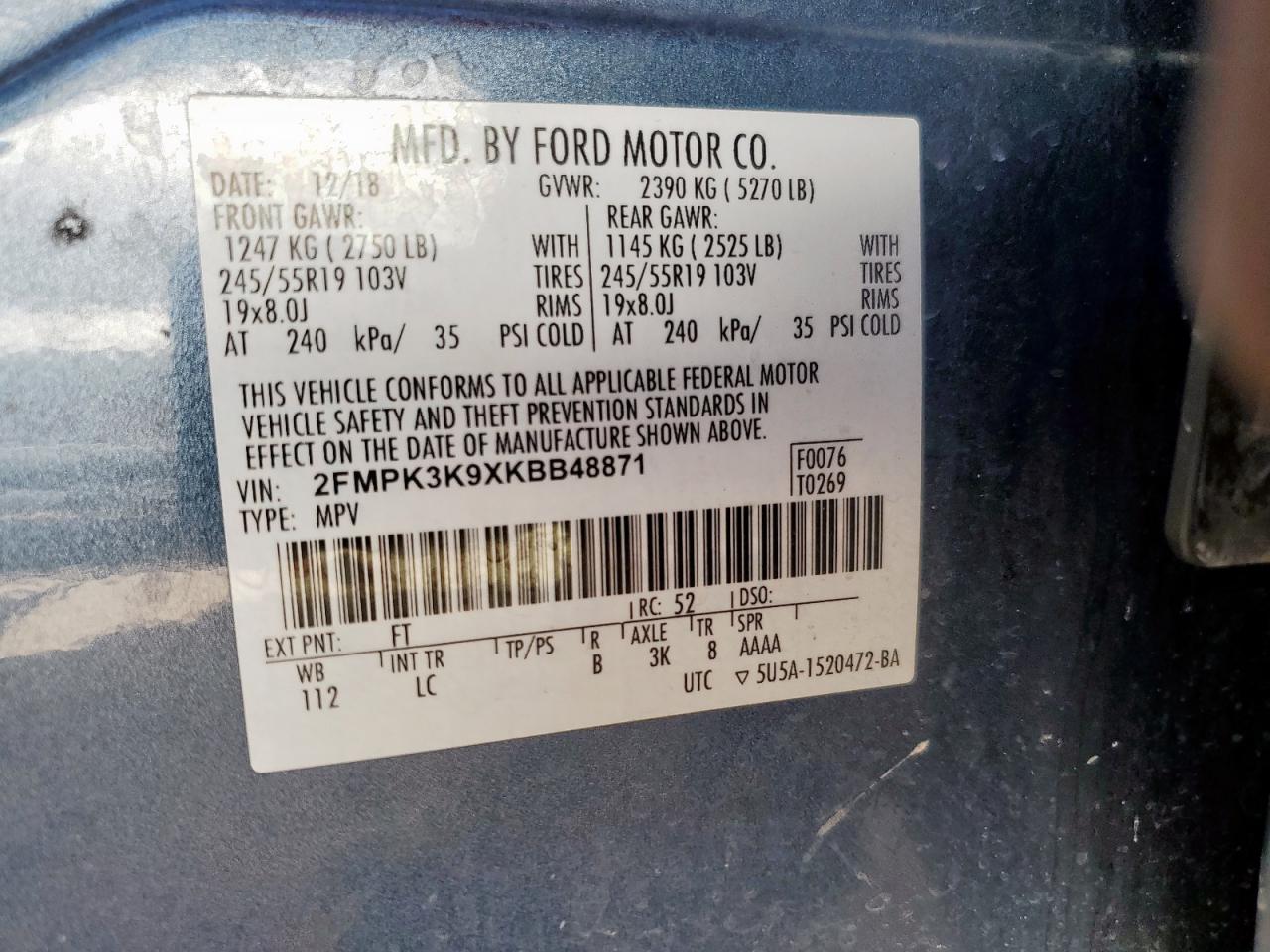 2019 Ford Edge Titanium VIN: 2FMPK3K9XKBB48871 Lot: 92293155