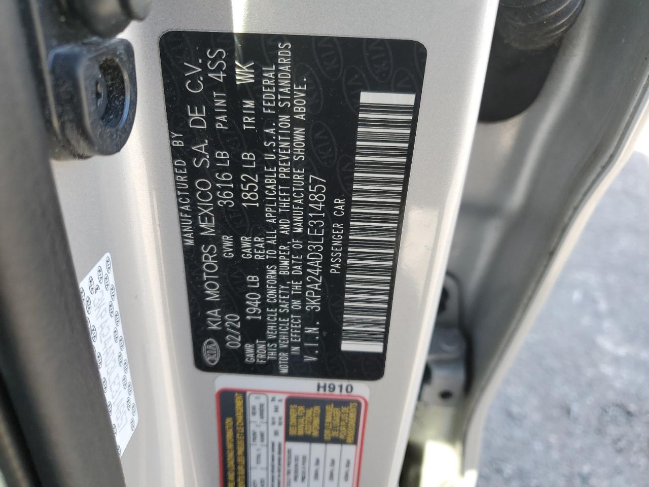 2020 Kia Rio Lx VIN: 3KPA24AD3LE314857 Lot: 92511345