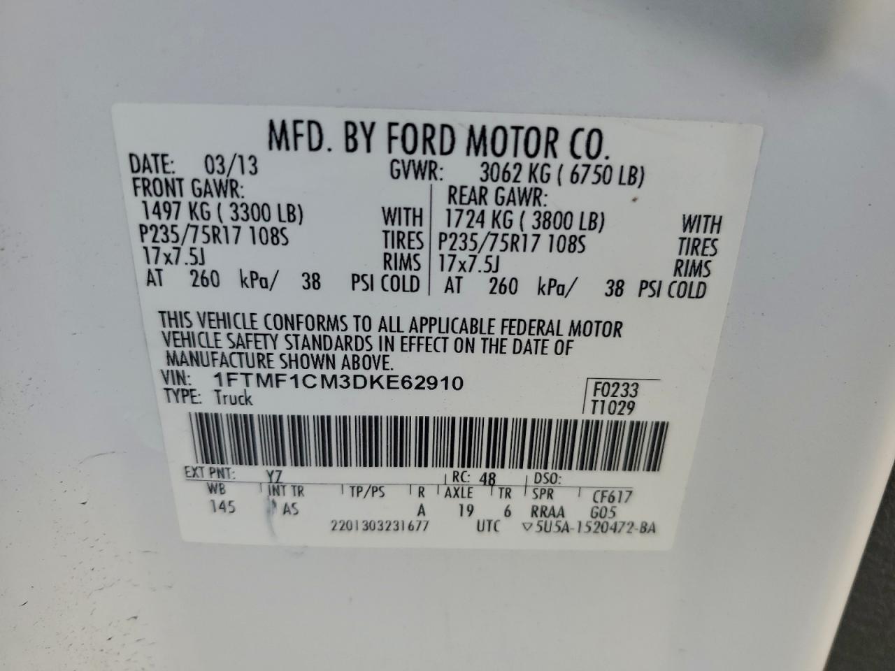2013 Ford F150 VIN: 1FTMF1CM3DKE62910 Lot: 94490055