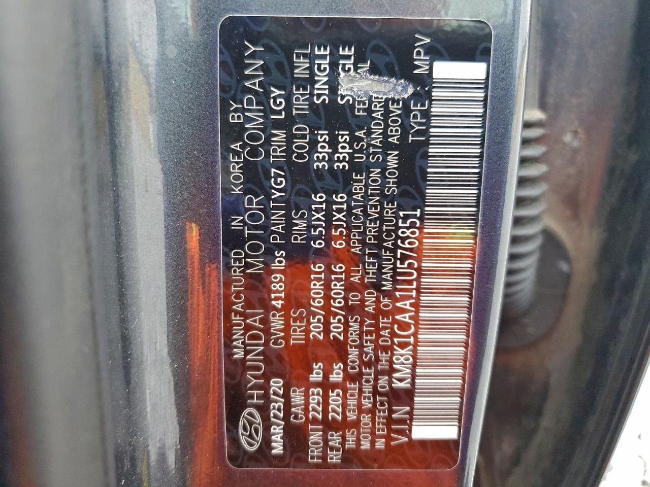 2020 Hyundai Kona Se VIN: KM8K1CAA1LU576851 Lot: 94129395