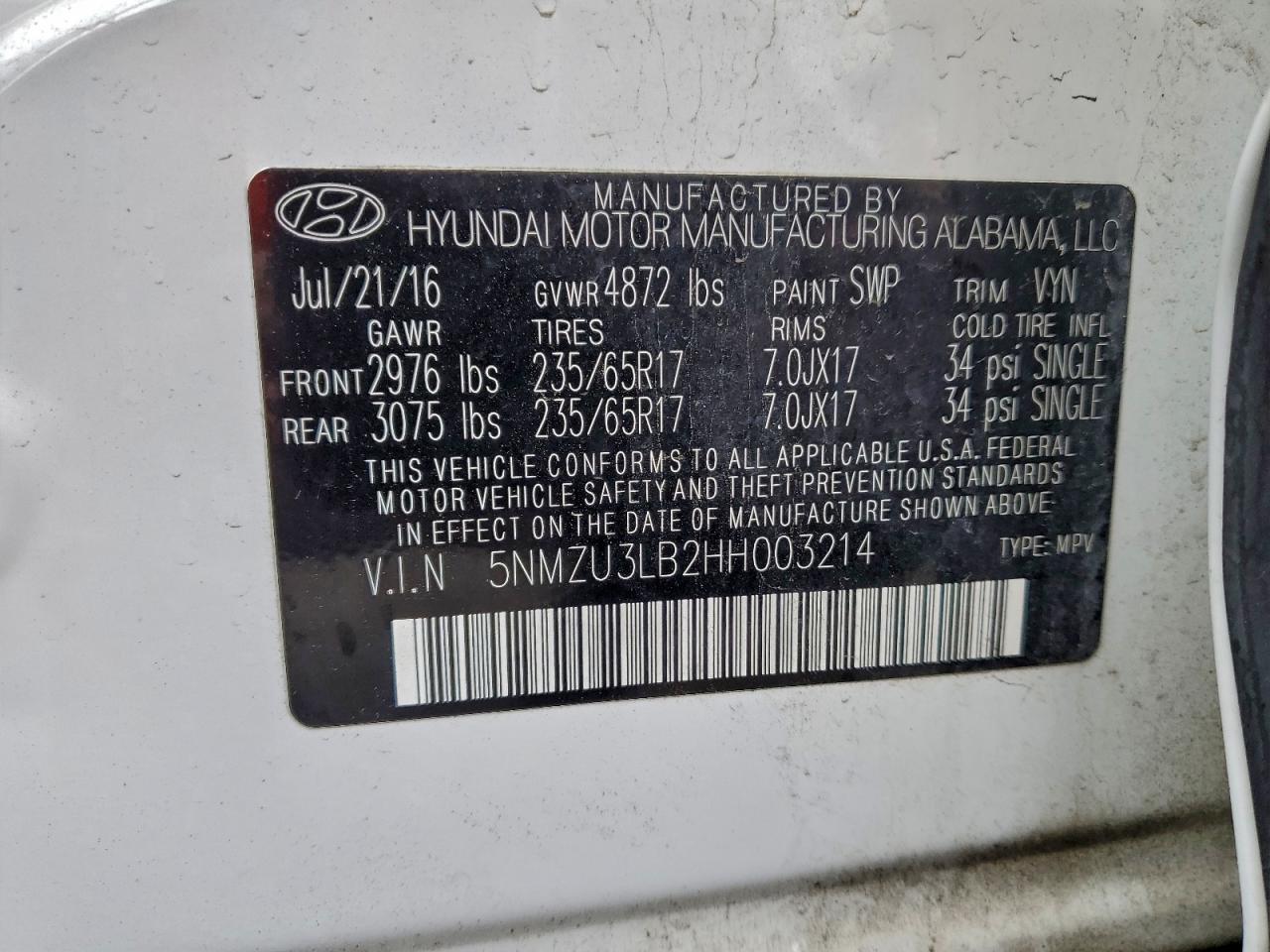 2017 Hyundai Santa Fe Sport VIN: 5NMZU3LB2HH003214 Lot: 94143465