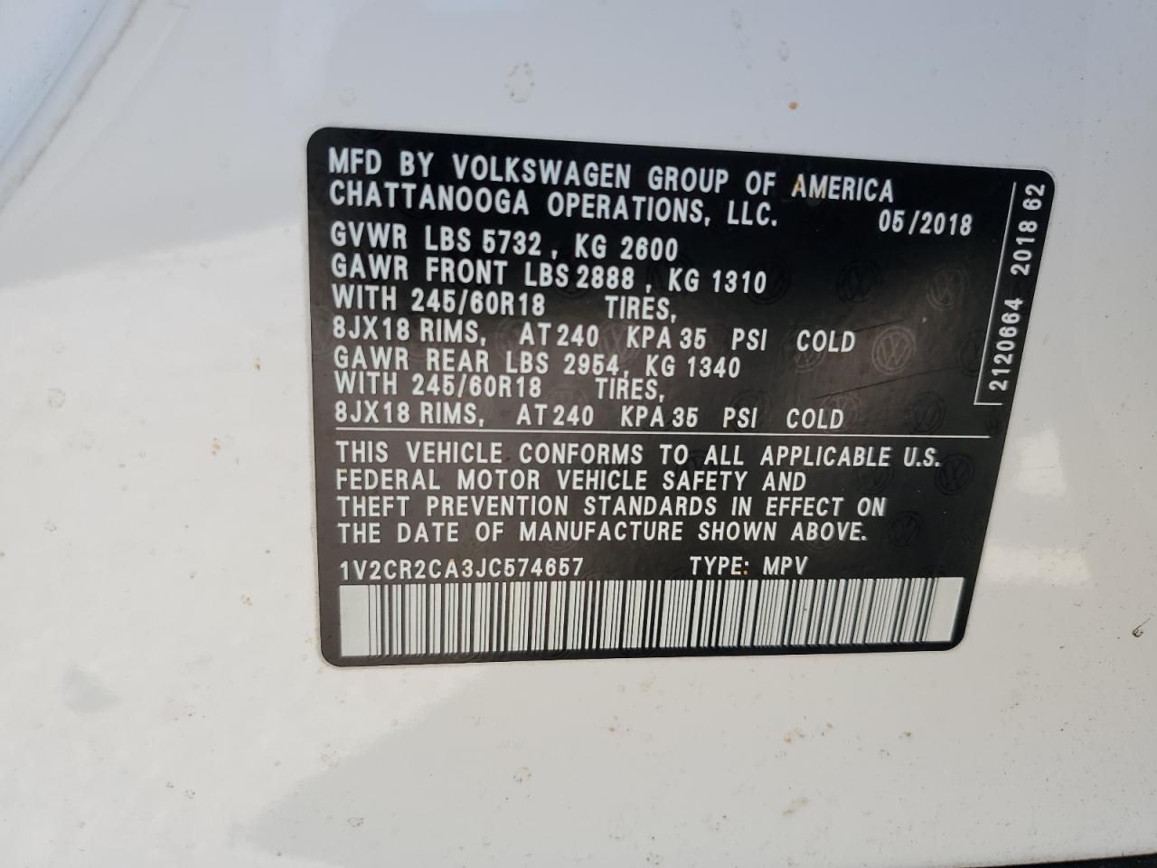 2018 Volkswagen Atlas Se VIN: 1V2CR2CA3JC574657 Lot: 92325115