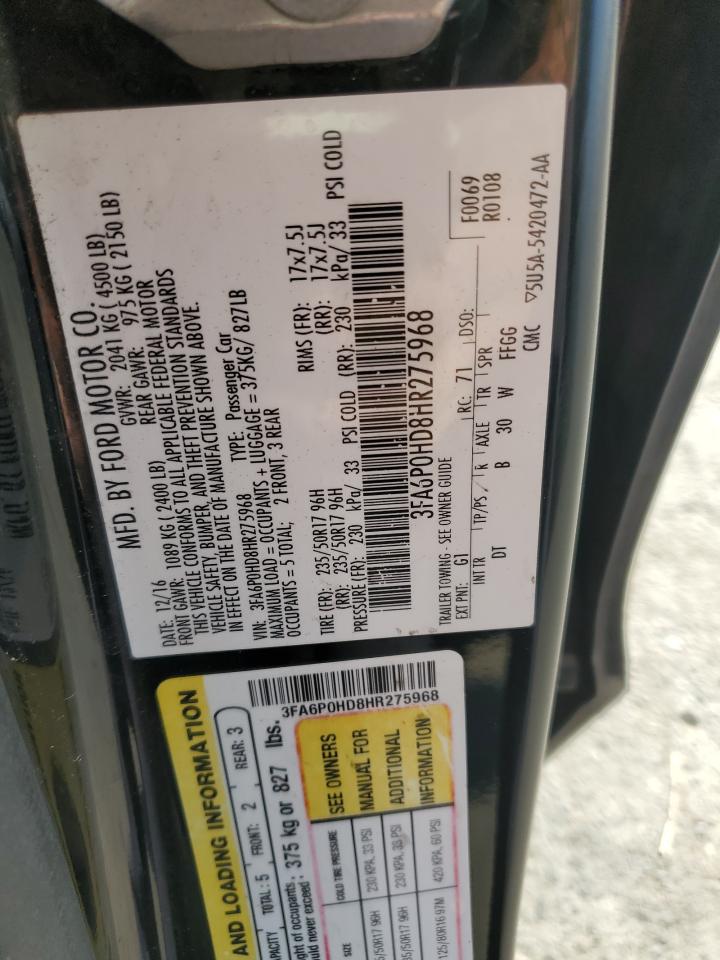 2017 Ford Fusion Se VIN: 3FA6P0HD8HR275968 Lot: 91653725