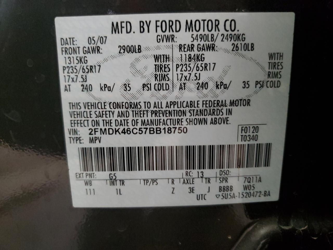 2007 Ford Edge Se VIN: 2FMDK46C57BB18750 Lot: 92504505