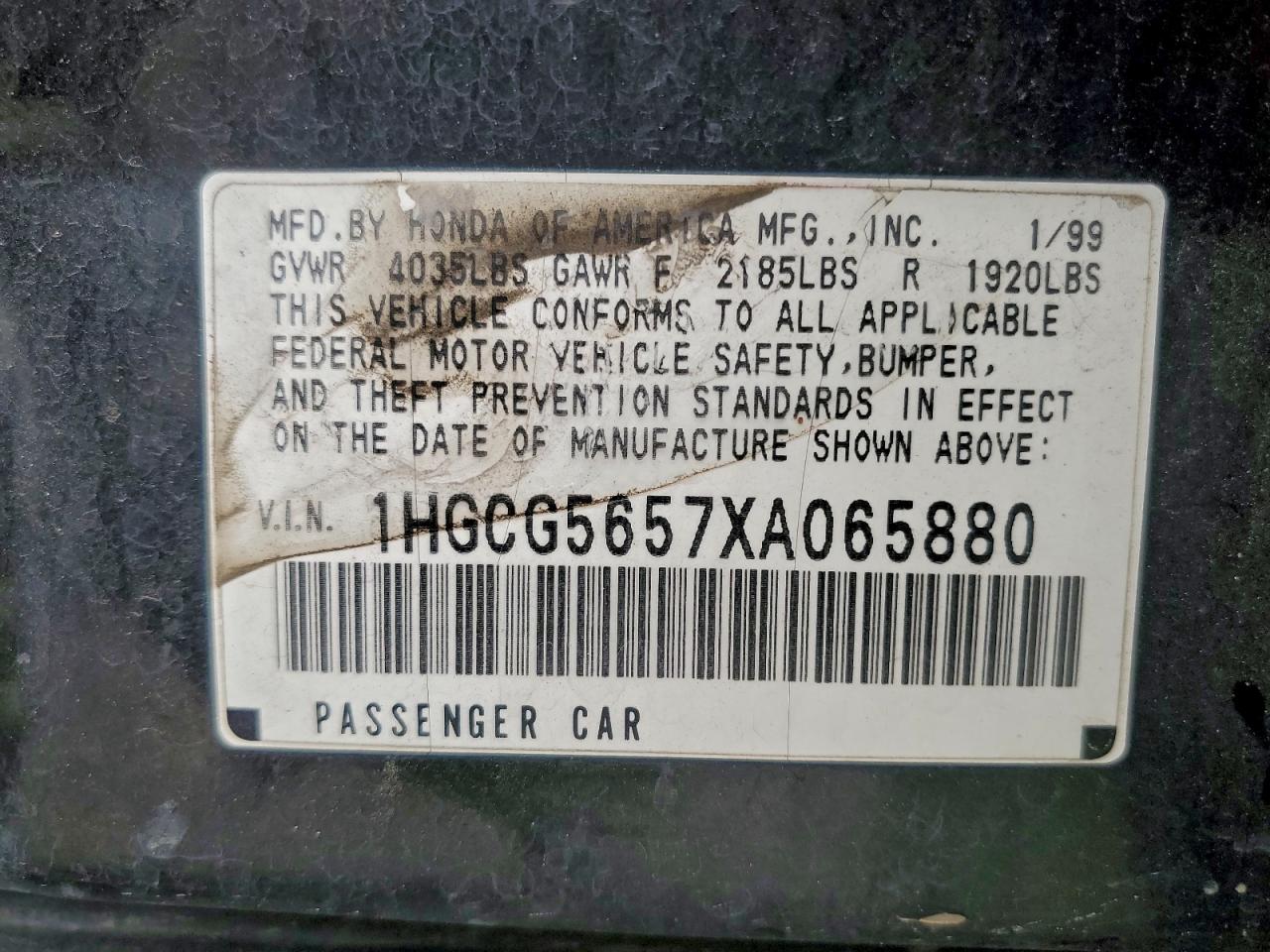 1999 Honda Accord Ex VIN: 1HGCG5657XA065880 Lot: 94066145