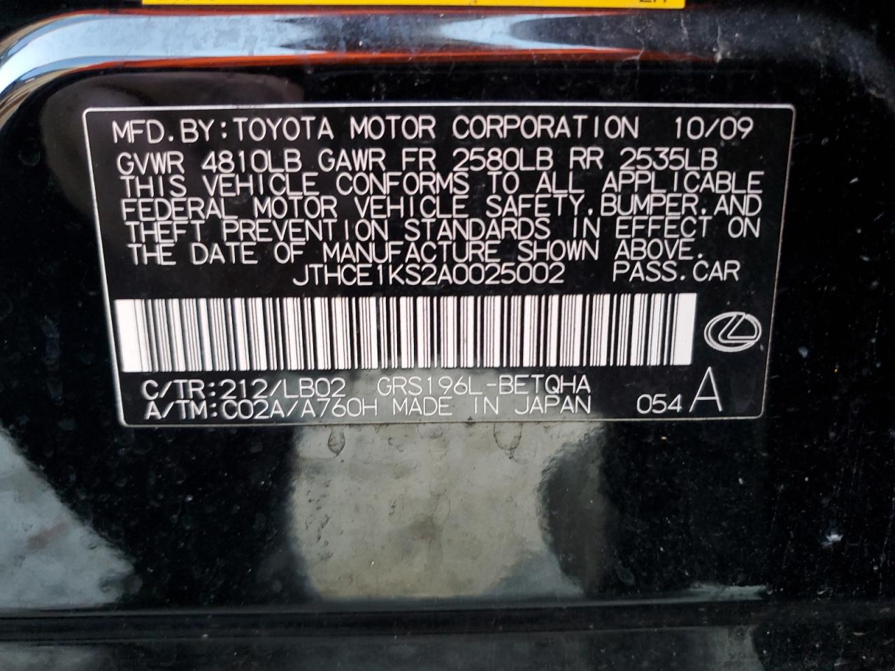 2010 Lexus Gs 350 VIN: JTHCE1KS2A0025002 Lot: 92083665