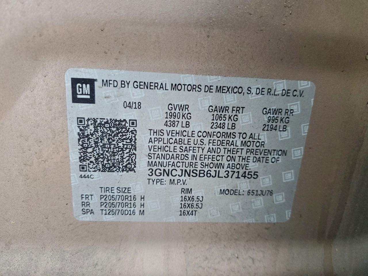 2018 Chevrolet Trax Ls VIN: 3GNCJNSB6JL371455 Lot: 93975625