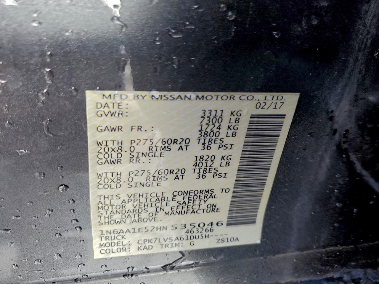 2017 Nissan Titan Sv VIN: 1N6AA1E52HN535046 Lot: 94098295