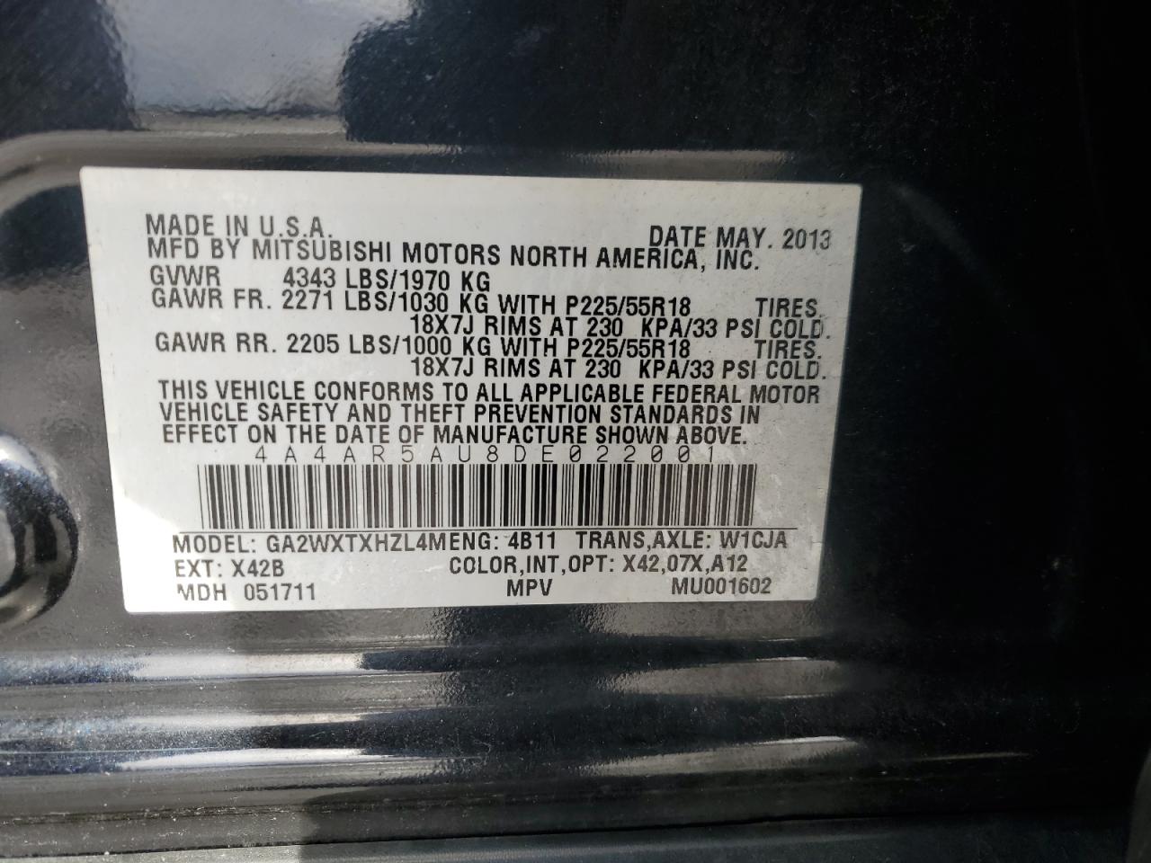 2013 Mitsubishi Outlander Sport Le VIN: 4A4AR5AU8DE022001 Lot: 92527525