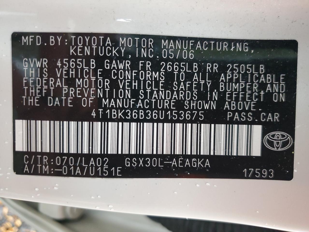 2006 Toyota Avalon Xl VIN: 4T1BK36B36U153675 Lot: 91327445