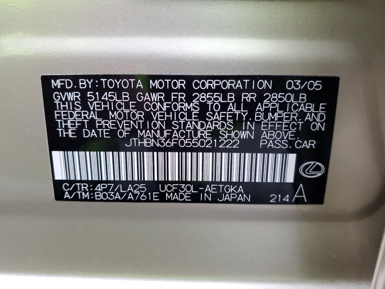 2005 Lexus Ls 430 VIN: JTHBN36F055021222 Lot: 92351115