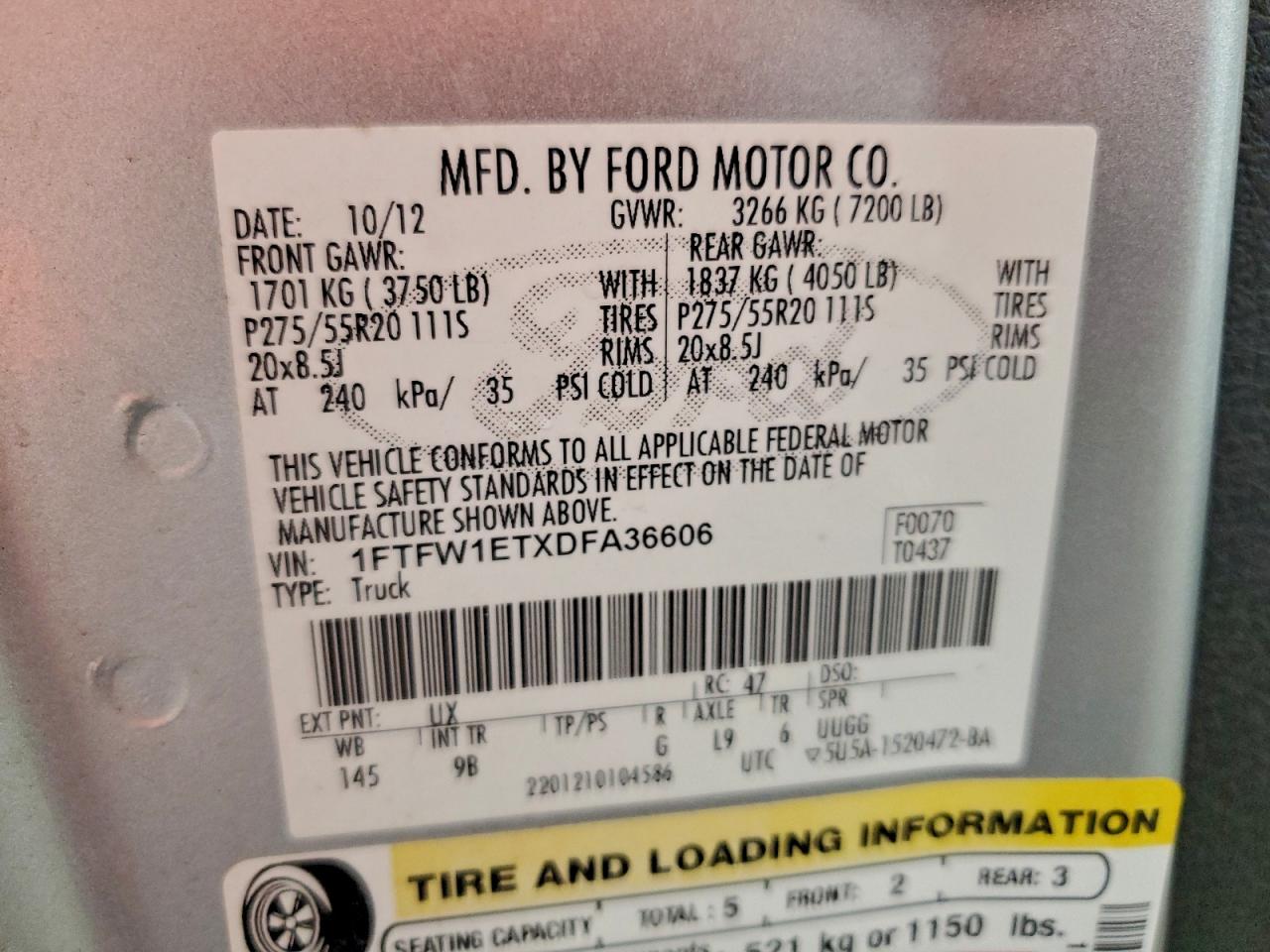 2013 Ford F150 Supercrew VIN: 1FTFW1ETXDFA36606 Lot: 93758755