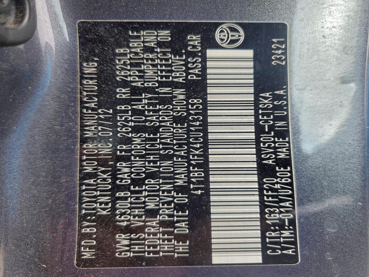 2012 Toyota Camry Base VIN: 4T1BF1FK4CU143158 Lot: 94057065