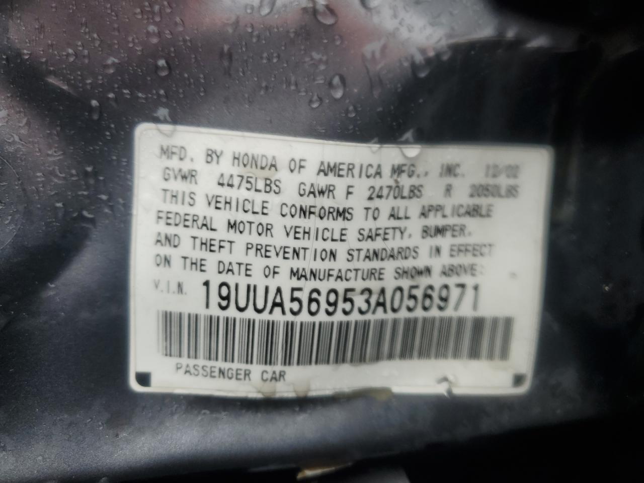 2003 Acura 3.2Tl Type-S VIN: 19UUA56953A056971 Lot: 91672375