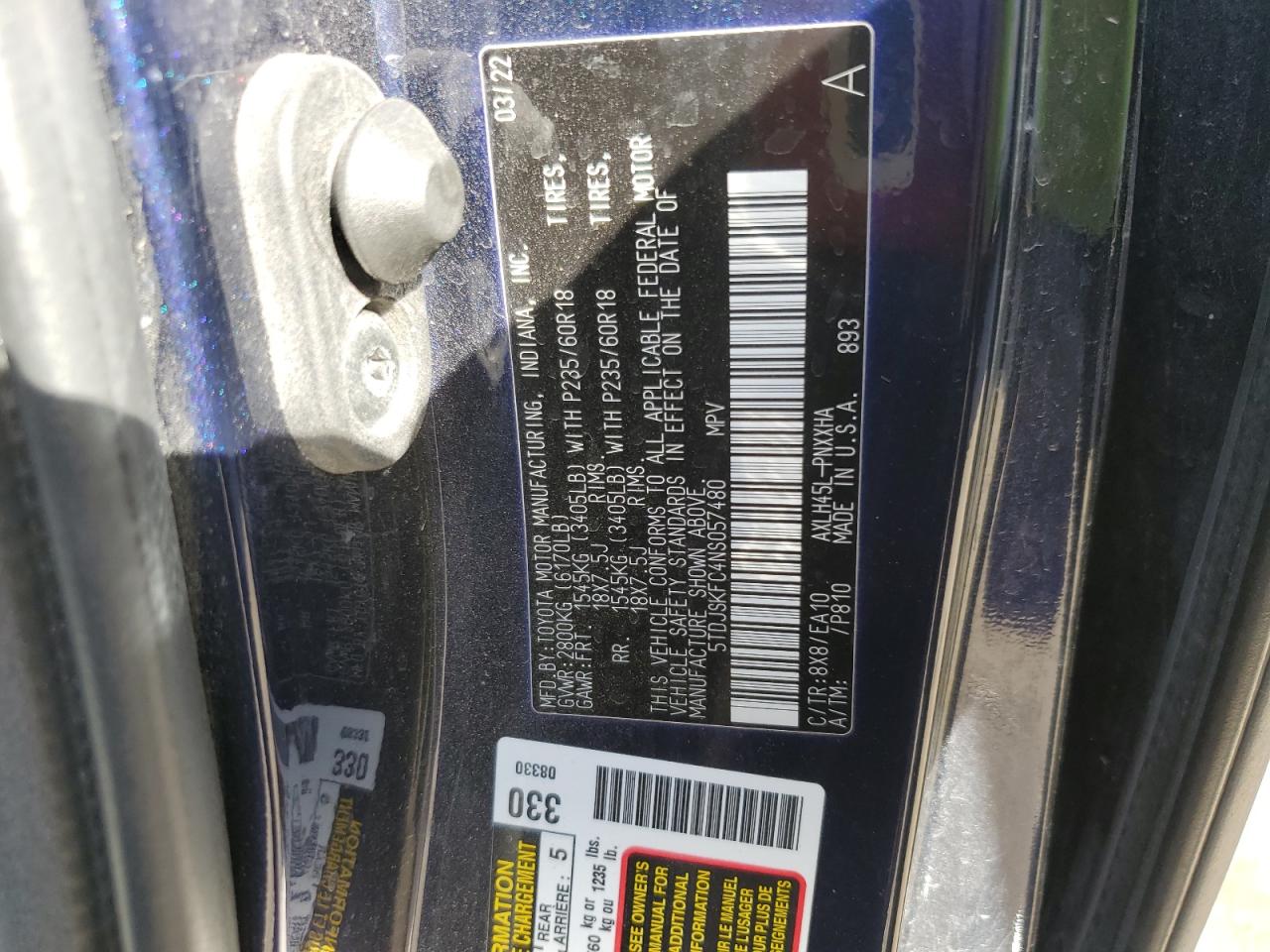 2022 Toyota Sienna Xle VIN: 5TDJSKFC4NS057480 Lot: 90803645