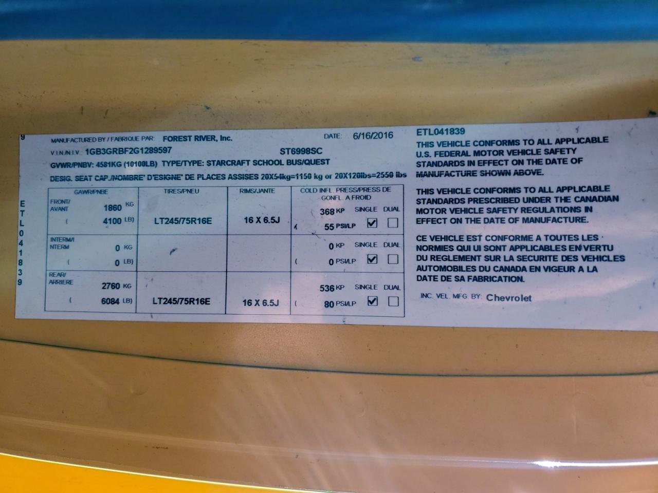 2016 Thomas Minotour G3500 - School Bus VIN: 1GB3GRBF2G1289597 Lot: 93782025