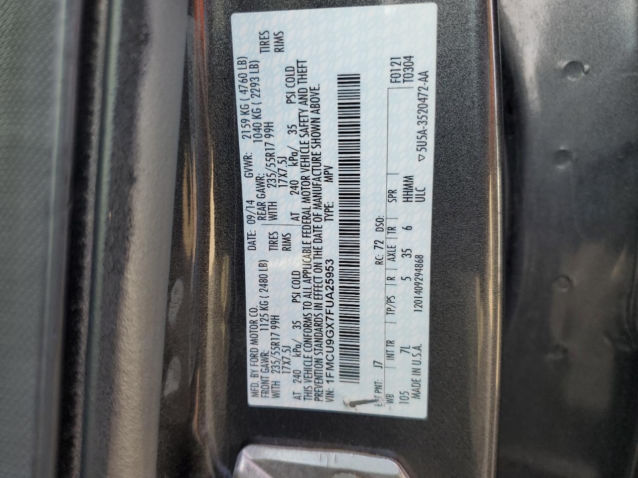 2015 Ford Escape Se VIN: 1FMCU9GX7FUA25953 Lot: 93150225