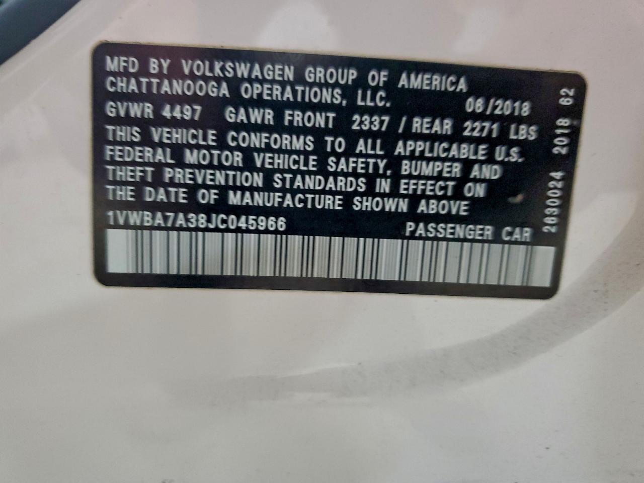 2018 Volkswagen Passat Se VIN: 1VWBA7A38JC045966 Lot: 93783435