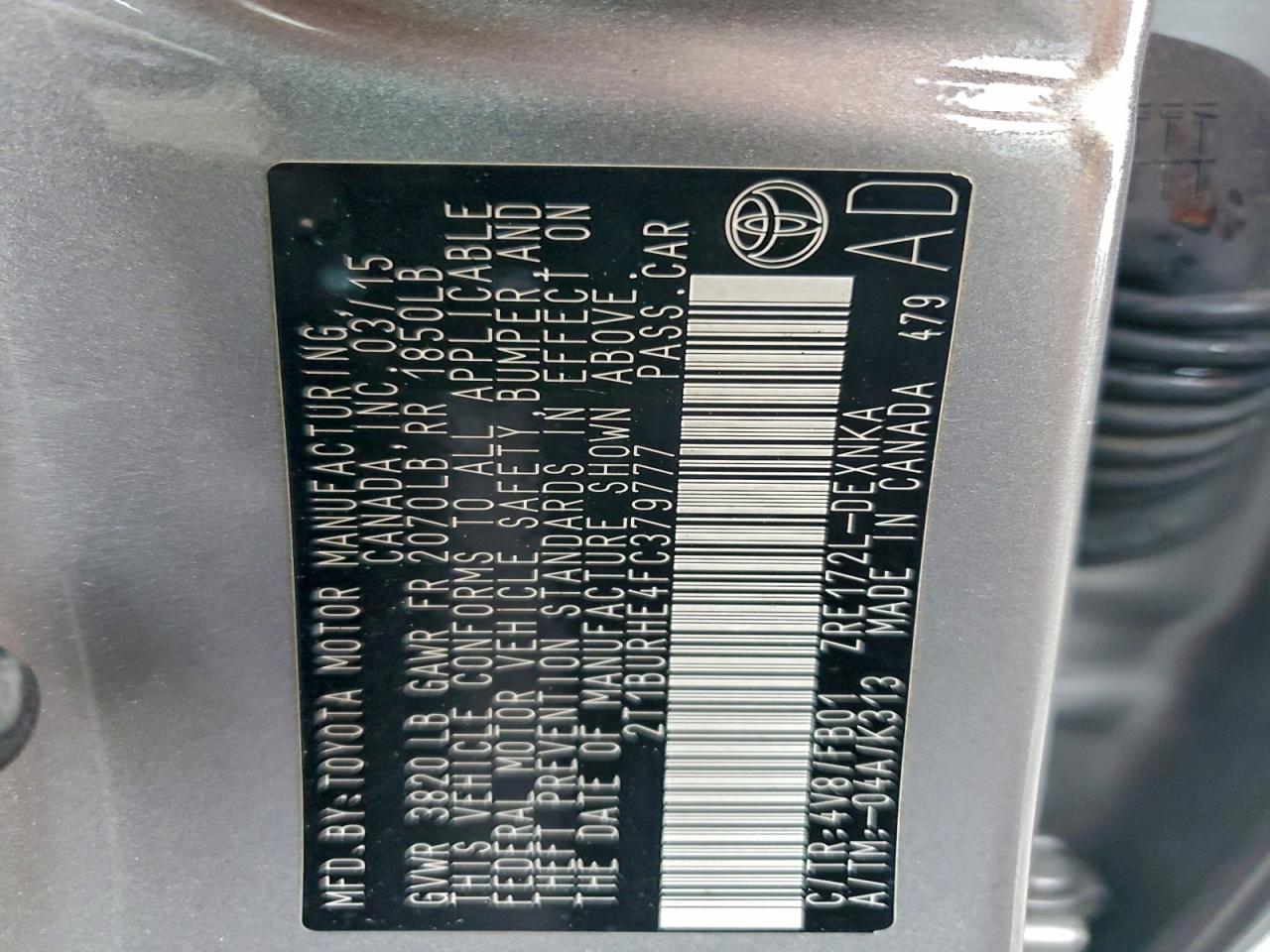 2015 Toyota Corolla L VIN: 2T1BURHE4FC379777 Lot: 94315765