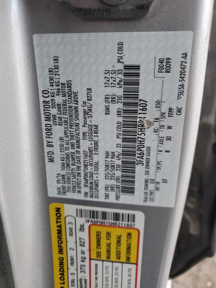 2017 Ford Fusion Se VIN: 3FA6P0H75HR211607 Lot: 92512225