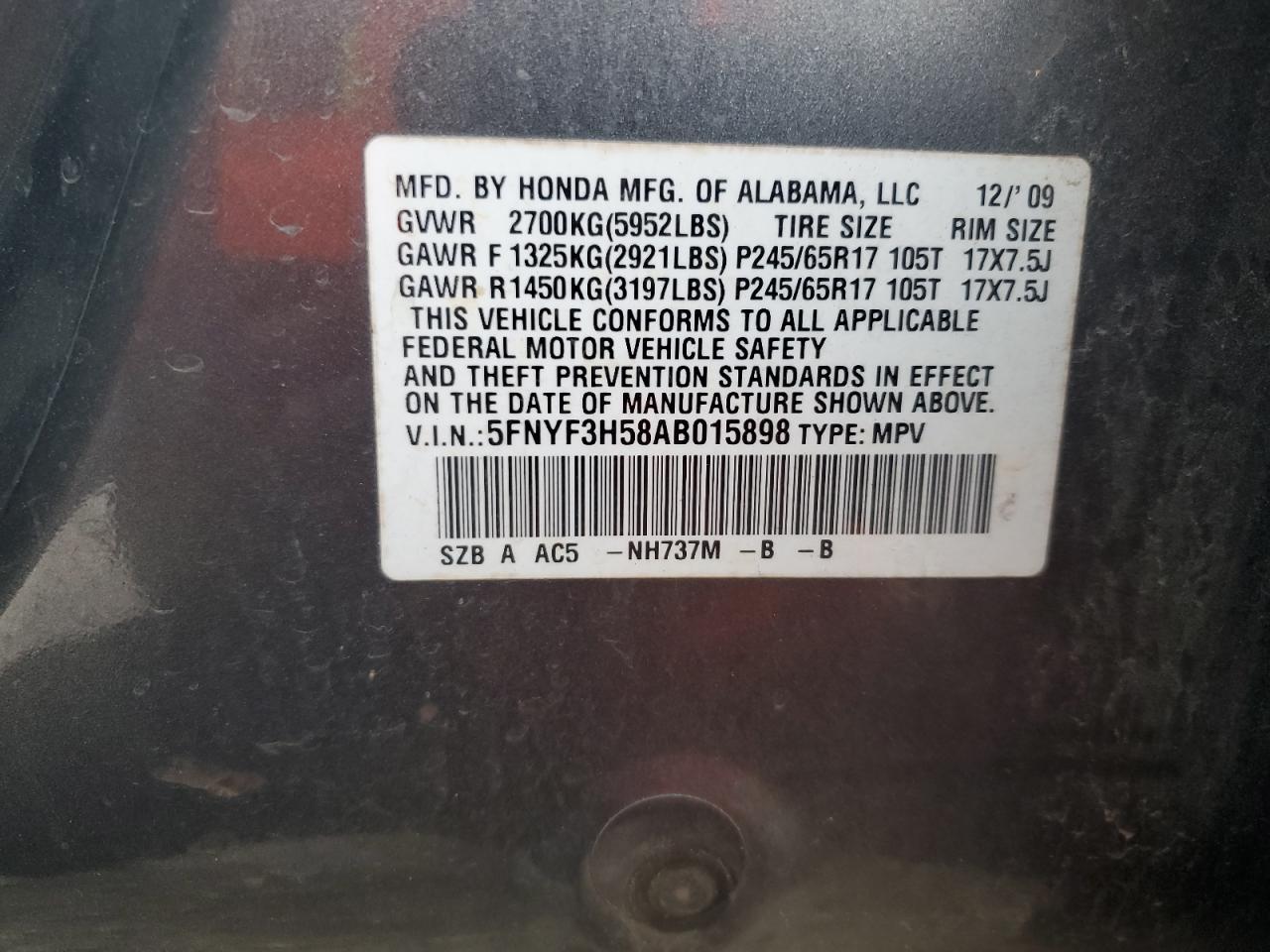 2010 Honda Pilot Exl VIN: 5FNYF3H58AB015898 Lot: 92390235