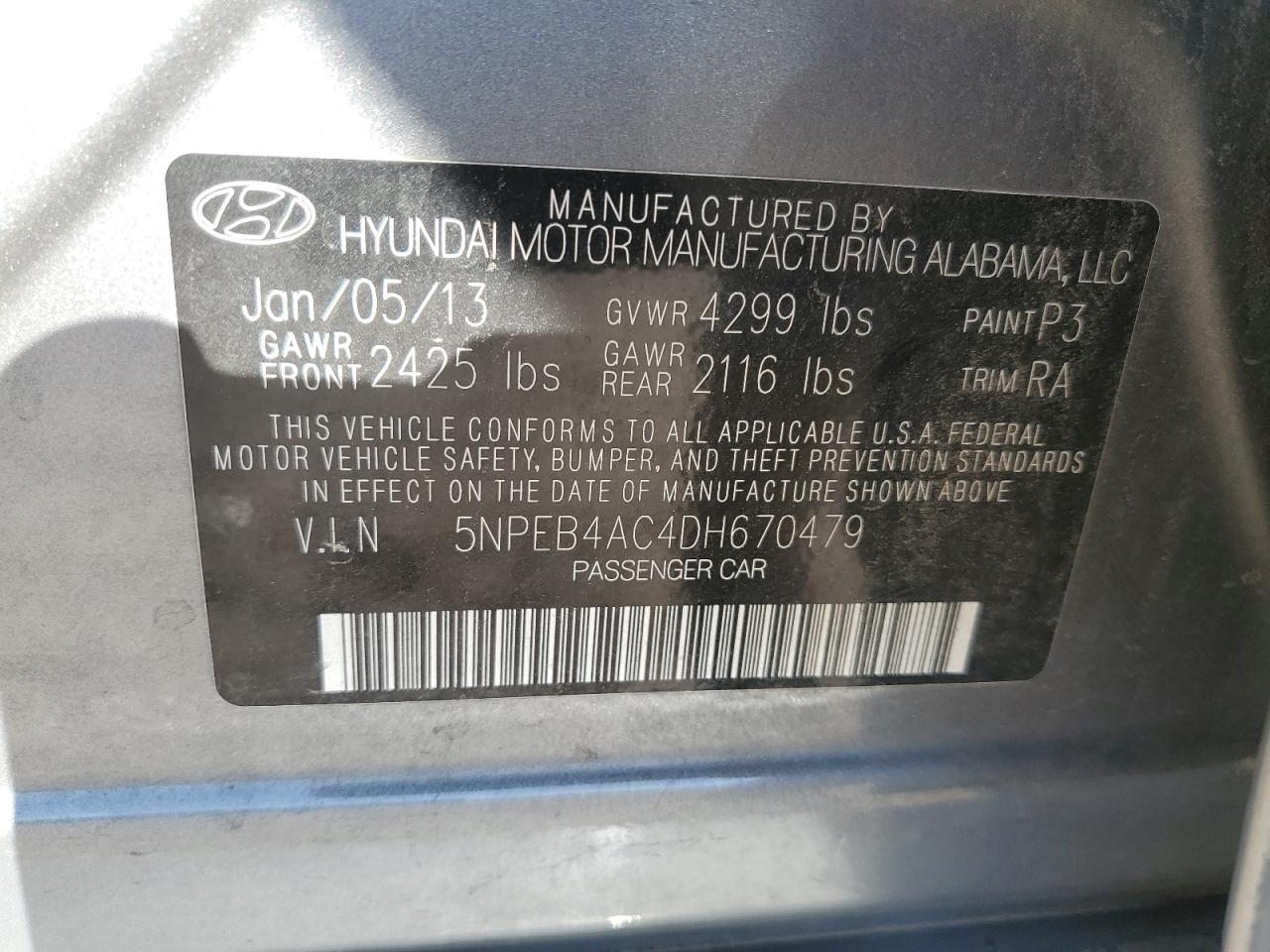 2013 Hyundai Sonata Gls VIN: 5NPEB4AC4DH670479 Lot: 91412285