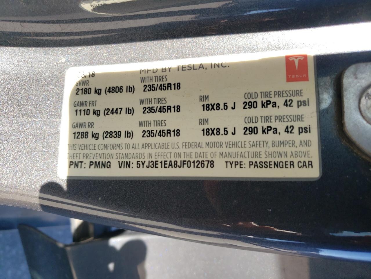 2018 Tesla Model 3 VIN: 5YJ3E1EA8JF012678 Lot: 92855195