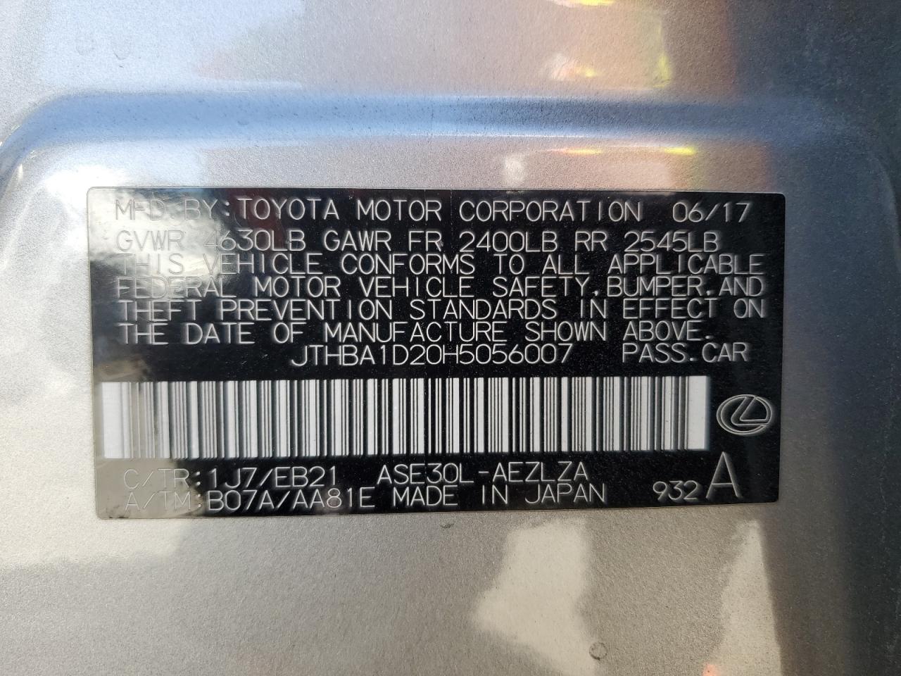 2017 Lexus Is 200T VIN: JTHBA1D20H5056007 Lot: 91711645