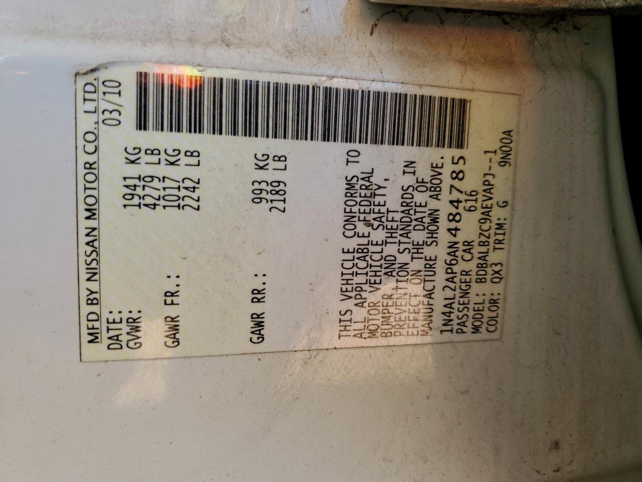 2010 Nissan Altima Base VIN: 1N4AL2AP6AN484785 Lot: 93743655