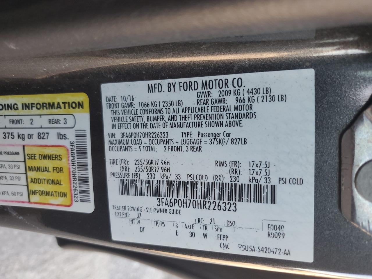 2017 Ford Fusion Se VIN: 3FA6P0H70HR226323 Lot: 92272575