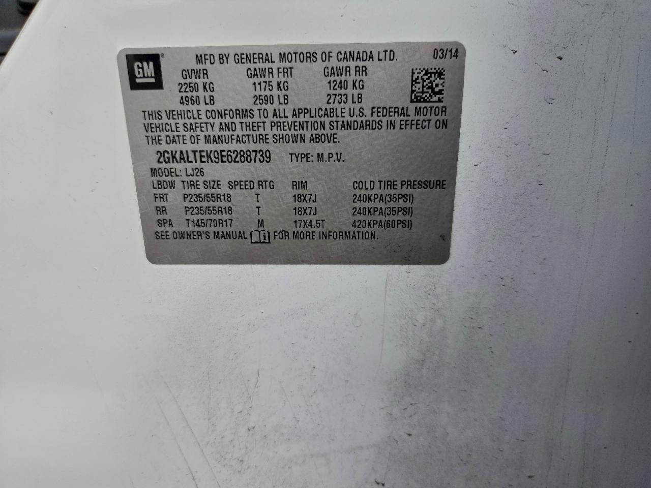 2014 GMC Terrain Slt VIN: 2GKALTEK9E6288739 Lot: 94120535