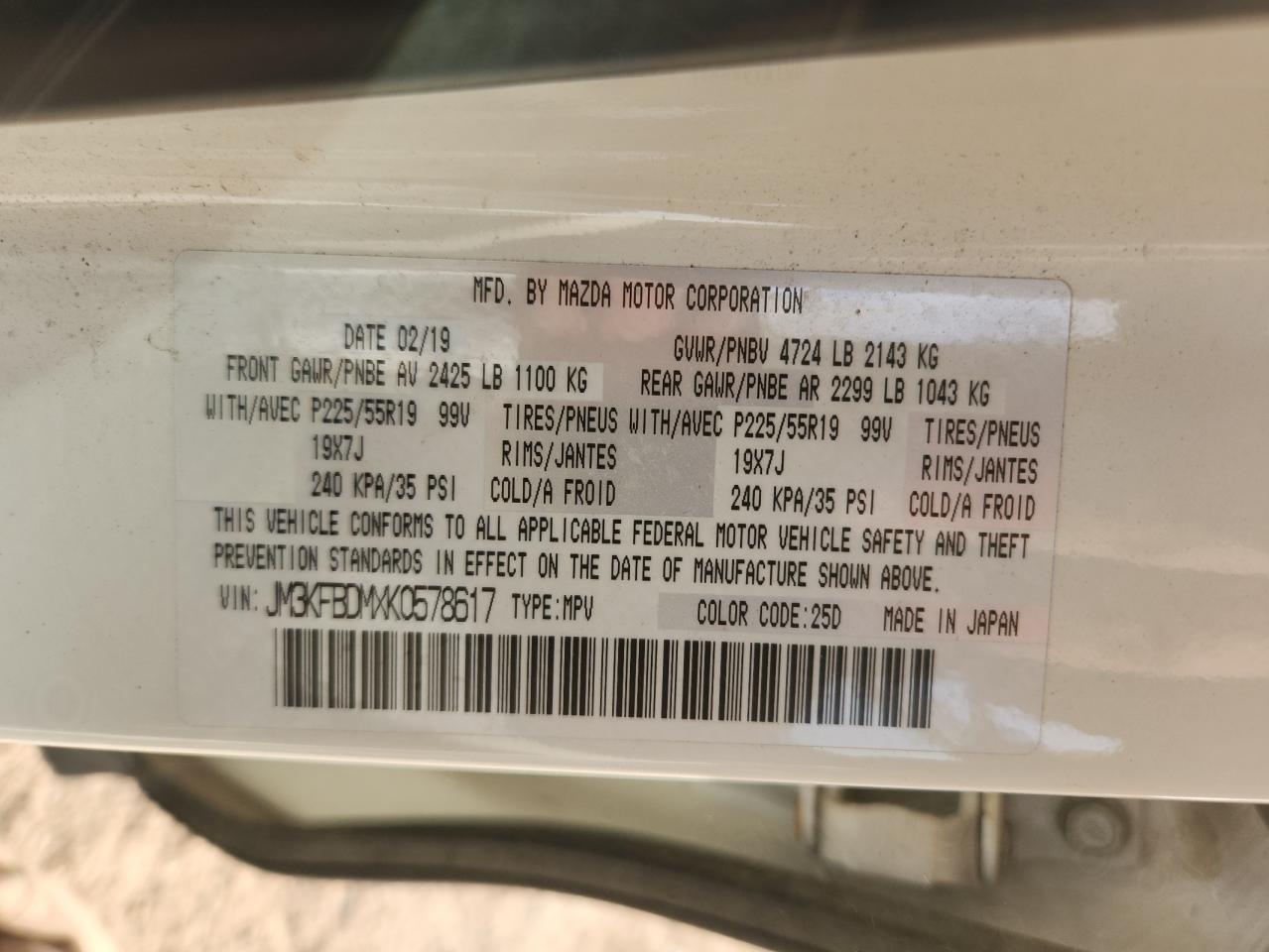 2019 Mazda Cx-5 Grand Touring VIN: JM3KFBDMXK0578617 Lot: 93101675