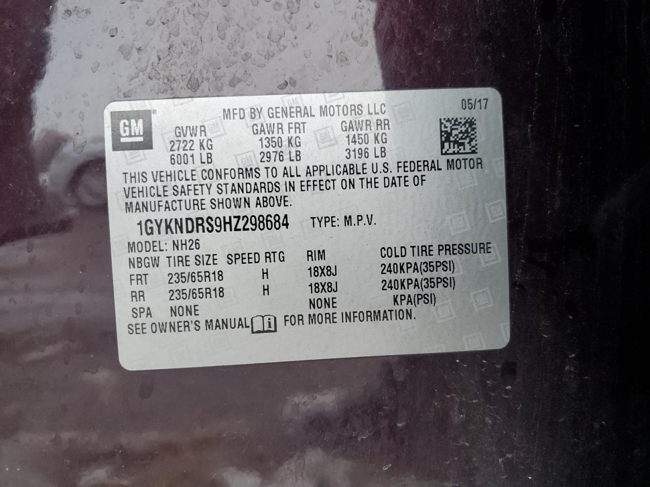 2017 Cadillac Xt5 Luxury VIN: 1GYKNDRS9HZ298684 Lot: 92162305