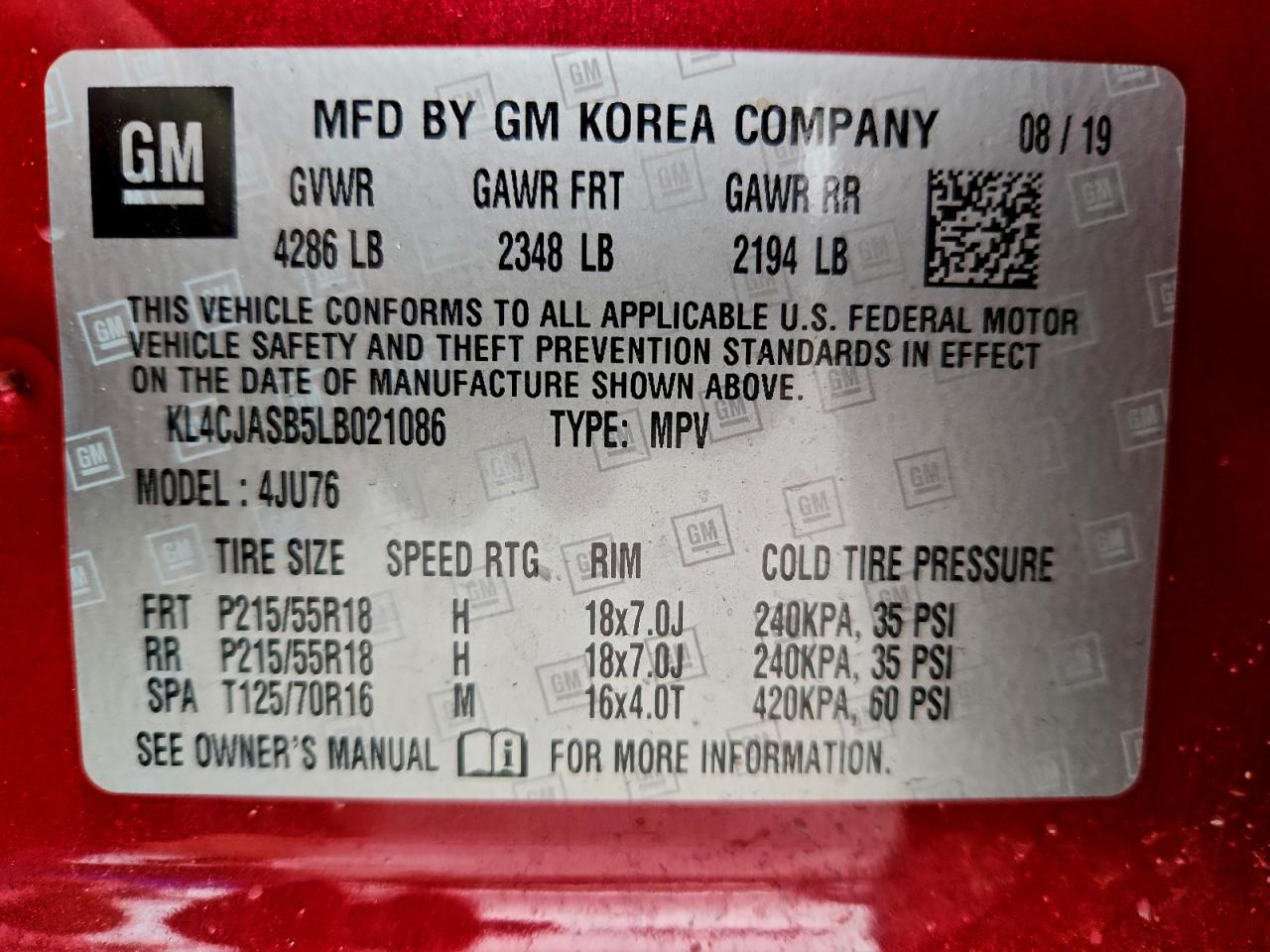 2020 Buick Encore Preferred VIN: KL4CJASB5LB021086 Lot: 93737405